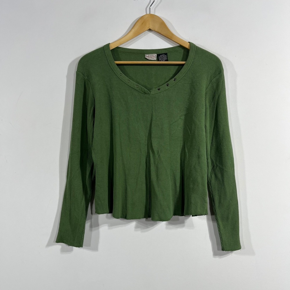 Arizona Y2K Henley Granola Grunge Green Waffle Knit Thermal Shirt Womens XL 90s
